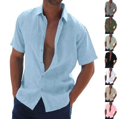 Men's Lapel Casual Knit Slim,fit Cotton Linen Short,sleeved Shirt