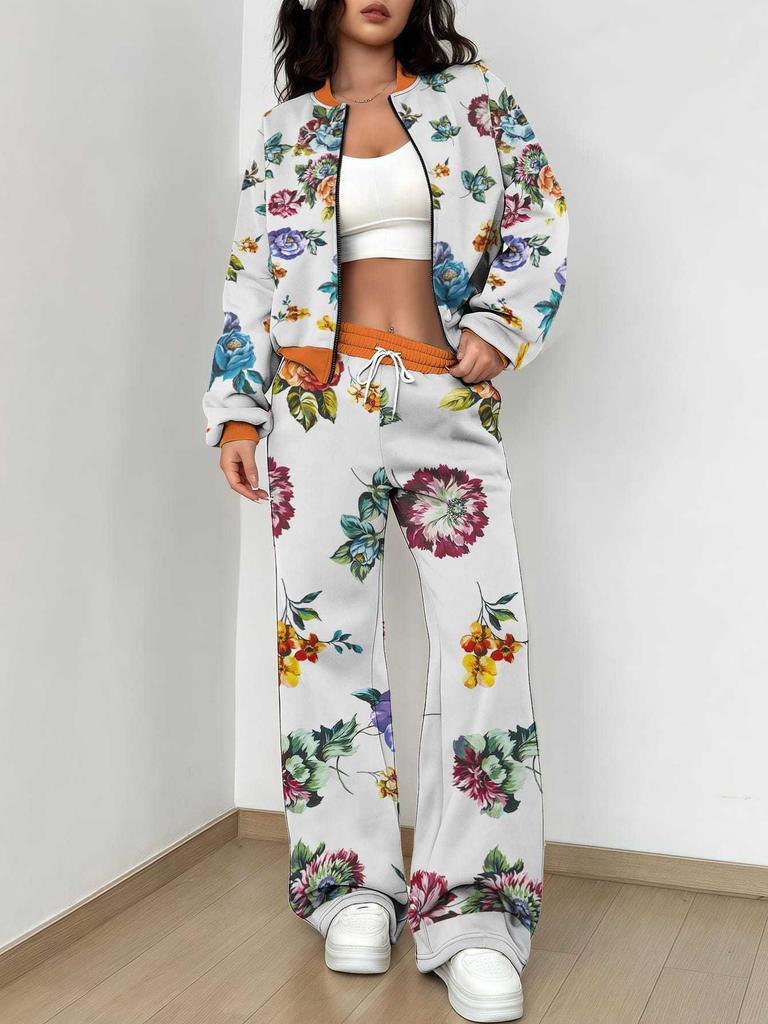 Splicing Autumn and Winter New European and American Fashion Sense Women's Clothing Floral Printing Suit Women