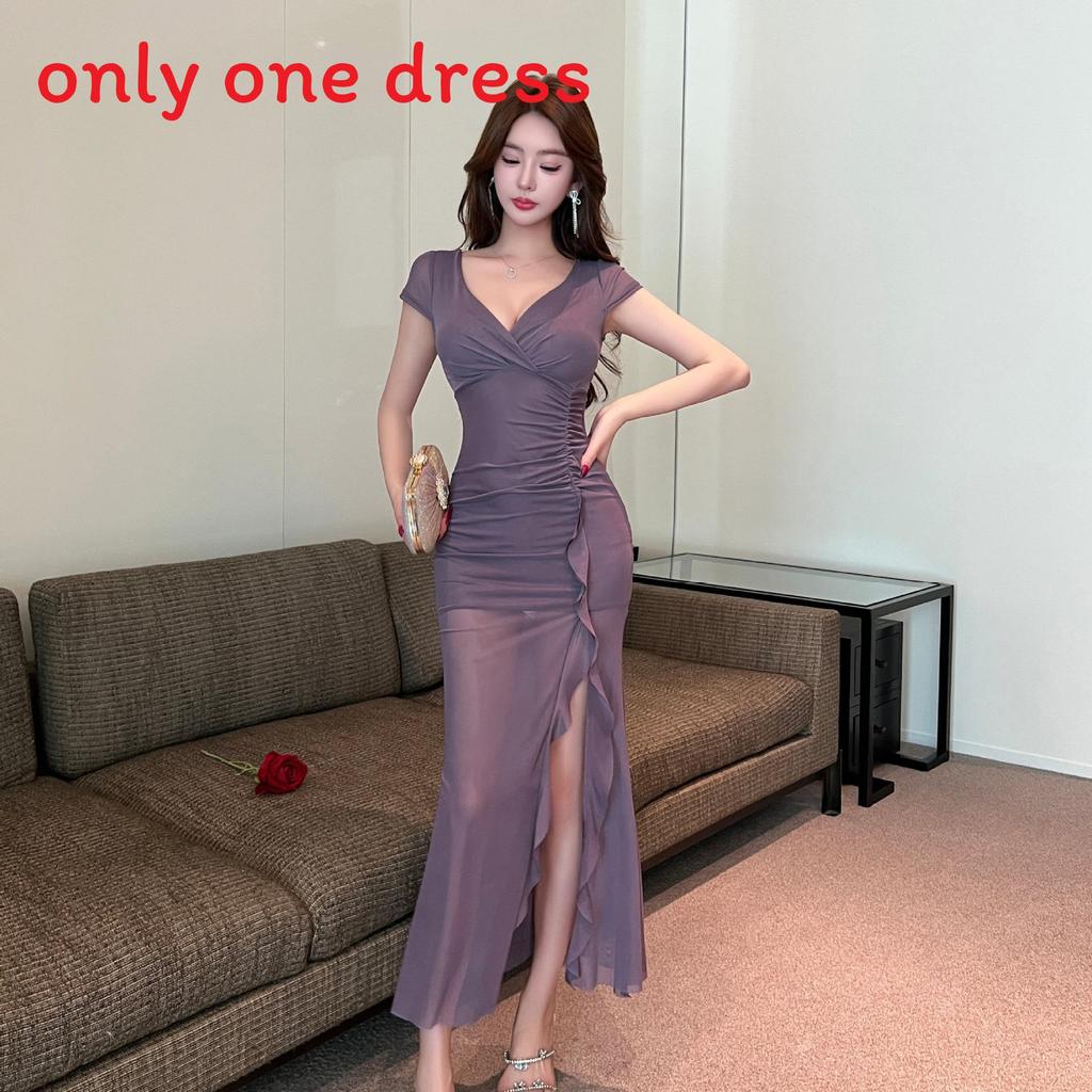 Elegant Polyester V Neck Dress With Slit For Office Wear Women Spring 2025