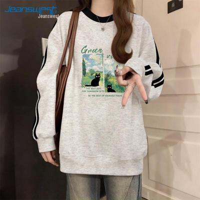 JEANSWEST Women's Painted Cat Graphic Loose Fit Sweatshirt