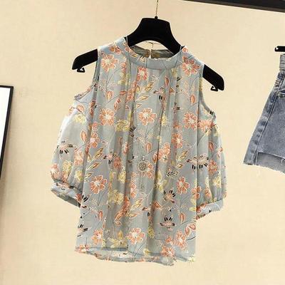 Chiffon Printed Off-the-shoulder Short Sleeve Top Ladies Plus Size Blouse for Women