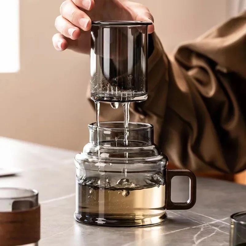 Heat-Resistant Tea Water Separation Glass Tea Cup With Filter Wooden Handle Lid Brewing Flower Tea Cup Tea Maker