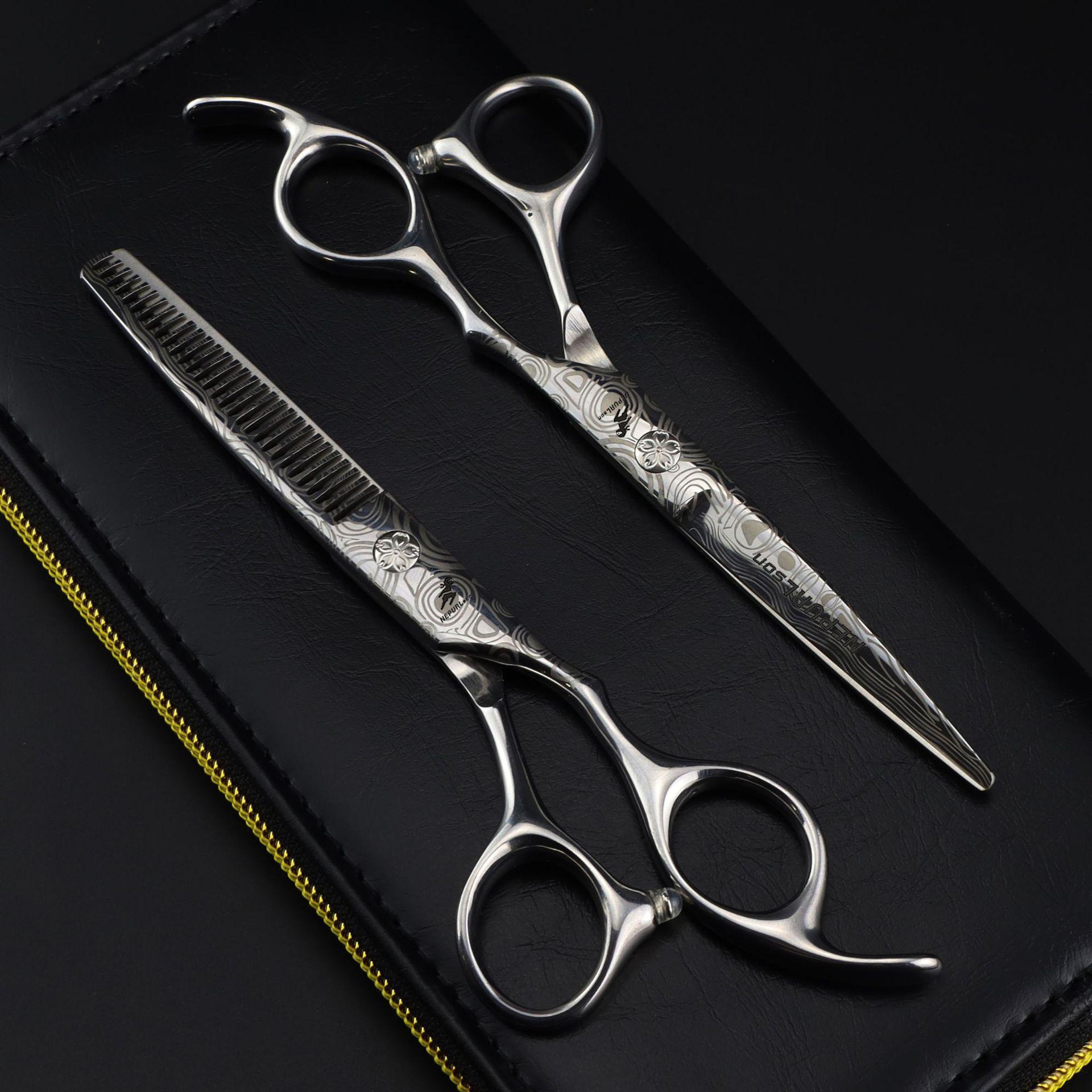 6.0 Damascus Pattern Barber & Hair Cutting Scissors - Includes Straight, Bangs, and Thinning Scissors 6.0 inch Silver Straight Scissors