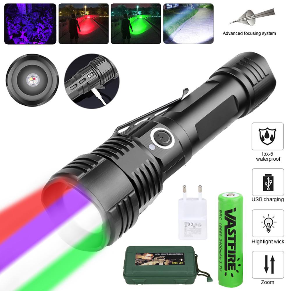 Super Flashlights Zoom Red/Green/UV/White Powerful Torch USB Rechargeable Flash Light Night Scout Lights LED Tactical Lantern