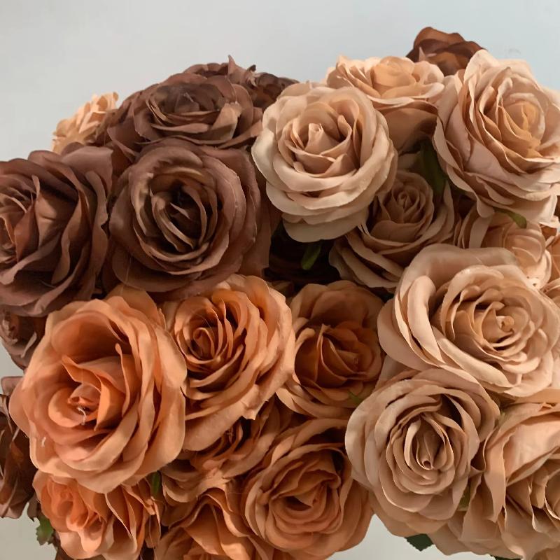 9Heads Roses Bouquet Artificial Flower Brown Coffee Rose Fake Rose Home Decoration Wedding