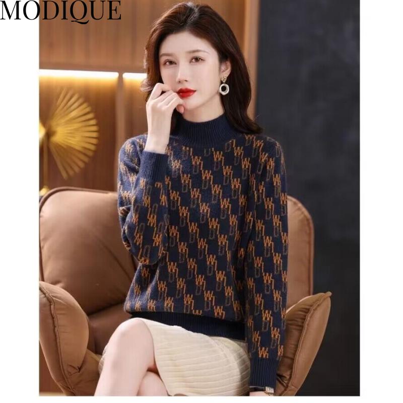 

MODIQUE Осень Зима Большие размеры Новые женские свободные базовые универсальные шерстяные вязаные свитера с буквами Женский повседневный пуловер со средним воротником и длинными рукавами Топы Весна