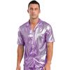 Mens See Through Shirt Turn Down Collar Short Sleeve Water Ripple Shine Beachwear Clubwear Top