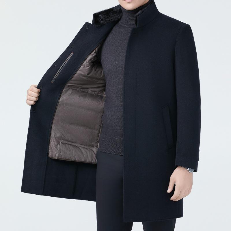 Men's Middle-Aged Stand Collar Wool Coat with Detachable Down Liner, Plus Size