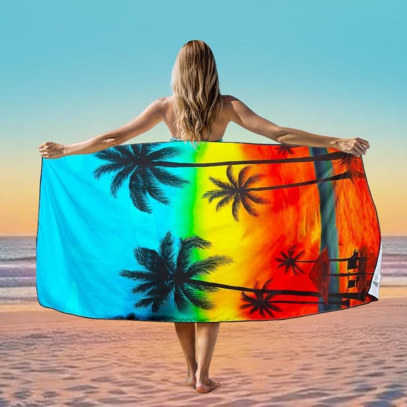 Colorful Sunset Palm Tree Beach Towel - Quick Dry Microfiber, Large Size, Vibrant Rainbow Gradient Tropical Print for Summer