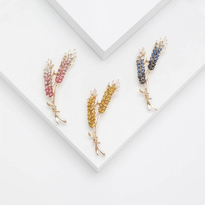 Minimalist Wheat Ear Lapel Brooch Unique Wheat Brooch Blue/Yellow/Pink Color Crystal Pins for Parties Dates Daily Wear