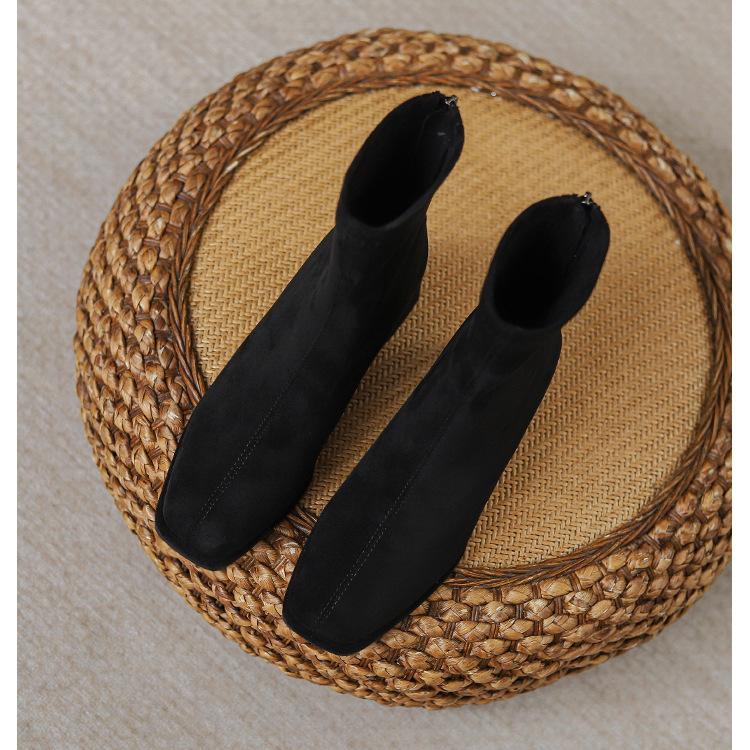 Versatile temperament French suede high-heeled short boots women's autumn and winter new thick heel square head elastic thin boots