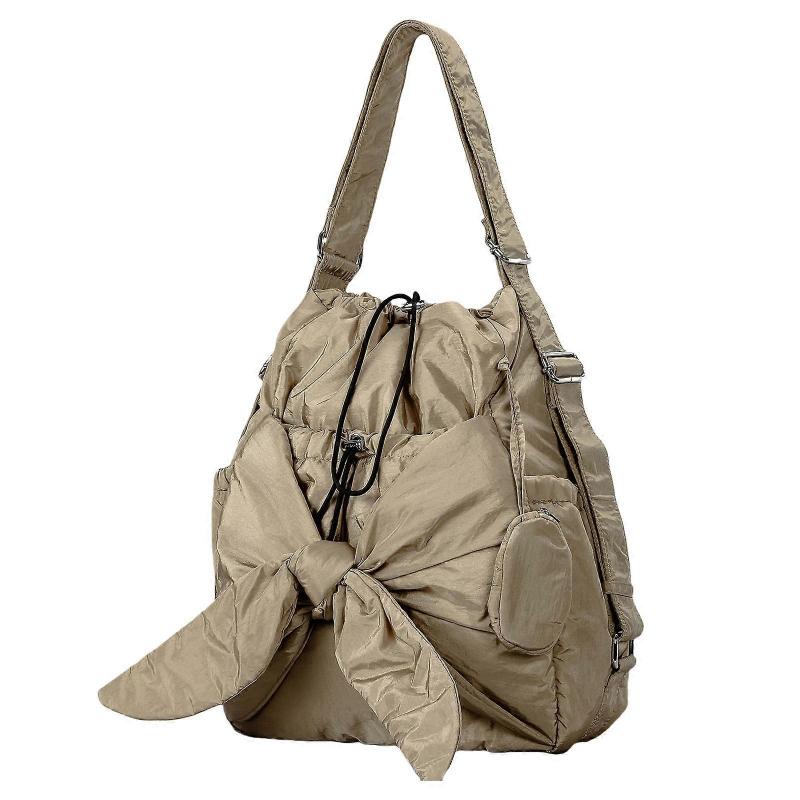 Multipurpose Women's Shoulder Bucket Bag with Drawstring Nylon Handbag Multiple Pockets Large Capacity Bowknot Backpack  Khaki