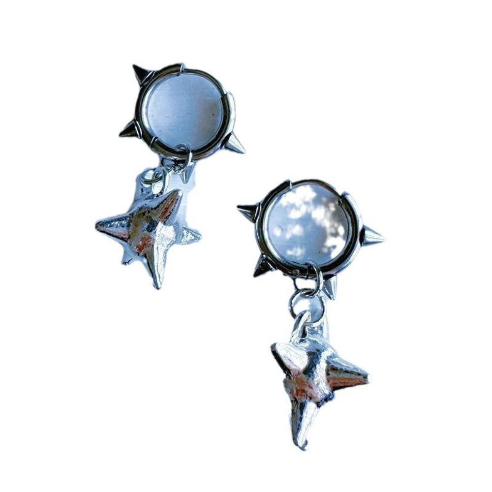 Punk Sliver Color Stainless Steel Hollowed-out Five-pointed Star Rivets Spike Ball Pendant Hoop Earrings for Women Men Jewelry