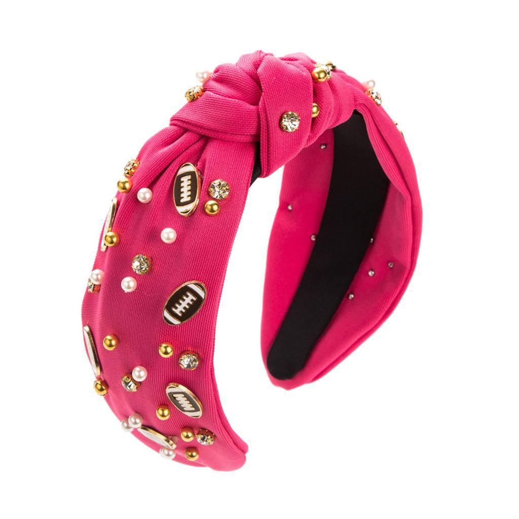Women Fun Sports Football Embellished Headband Pearl Rhinestones Jeweled Headband Wide Top Knotted Hairband Headpiece