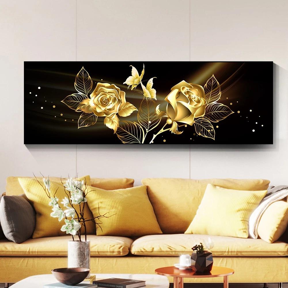 Black Golden Rose Flower Butterfly Abstract Wall Art Canvas Painting Poster Print Horizonta Picture for Living bedRoom Decor