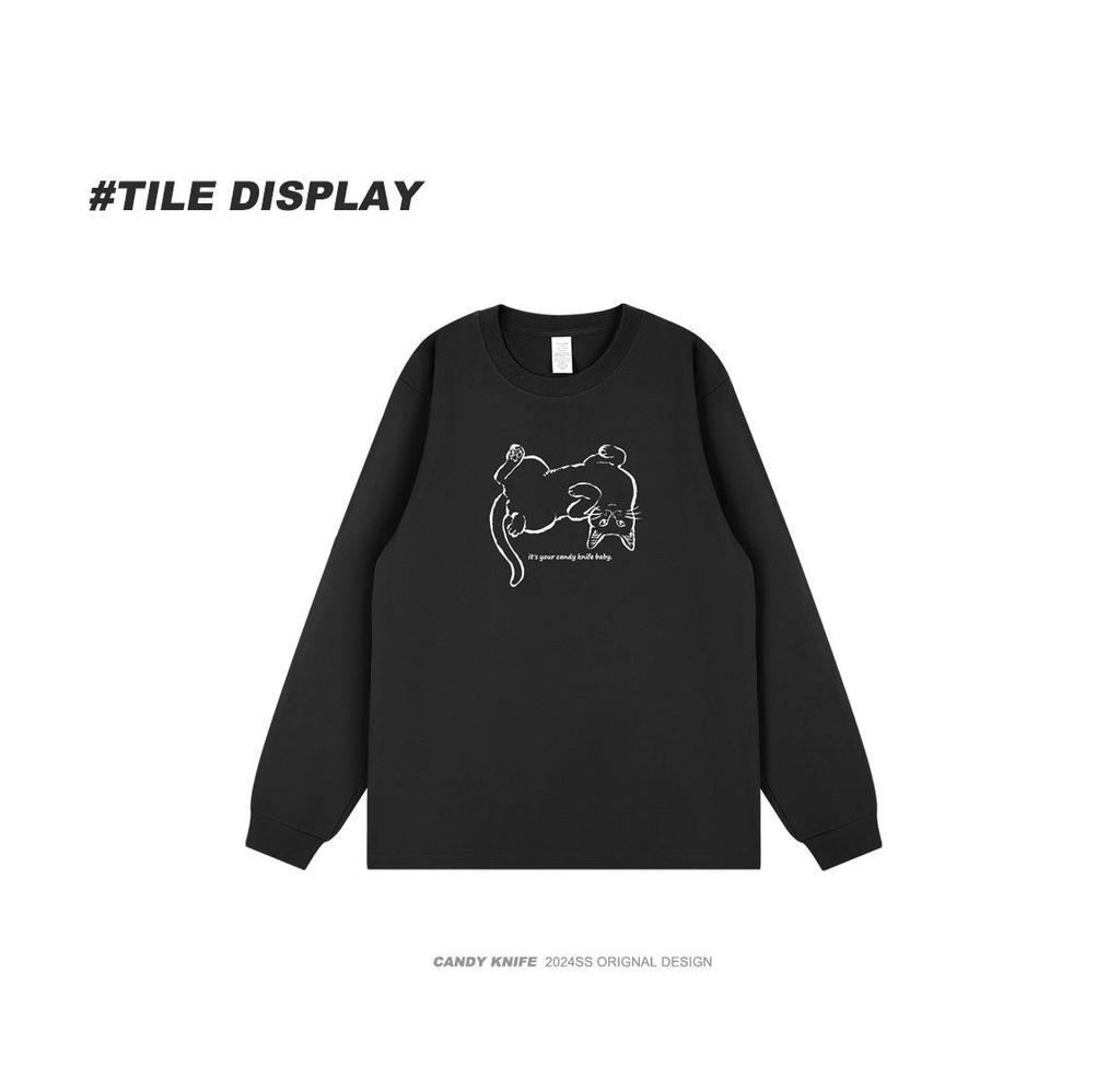 Niche Trend Hand-Painted Cat Print Long Sleeve T-Shirt - Korean Style Autumn/Winter
