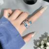 Super Flash Sweet Sea Blue Zircon Brushed Bow Open Ring Temperament Index Finger Ring Light Luxury High-End Ring