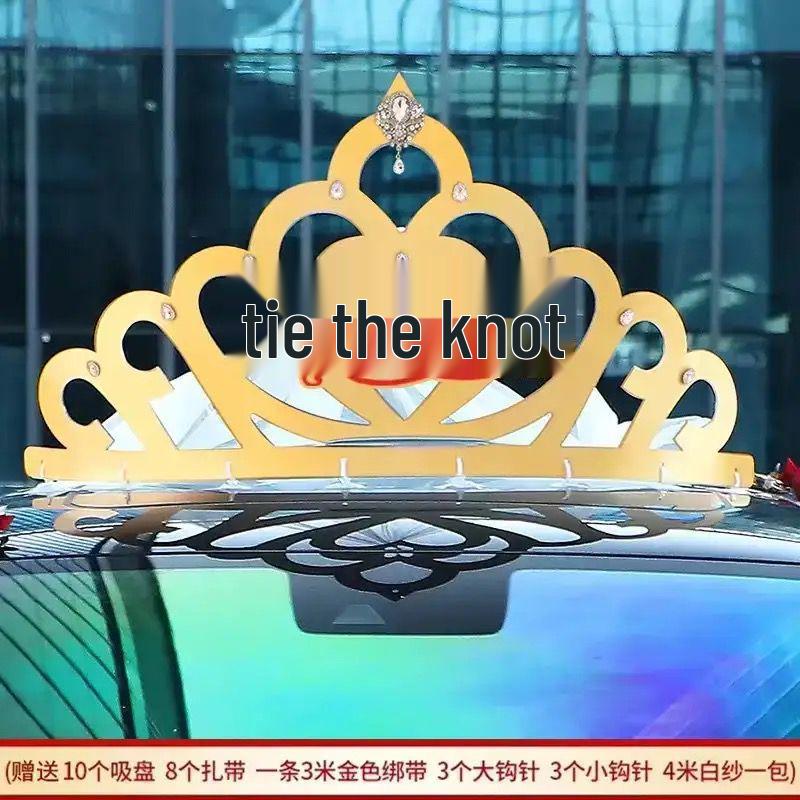 Creative Wedding Car Decoration: Gold Crown and Veil for TikTok-Inspired Celebrations