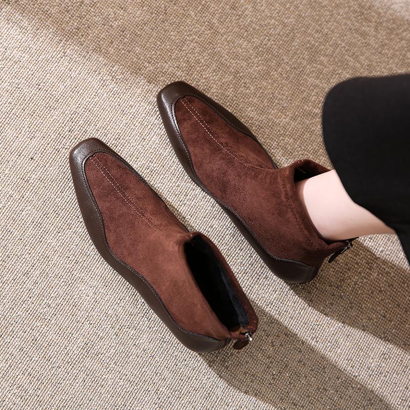 Temperament Skinny Boots High Heel Short Boots Women's New Suede Thick Heel Square Head Splicing Skinny Legs Boots