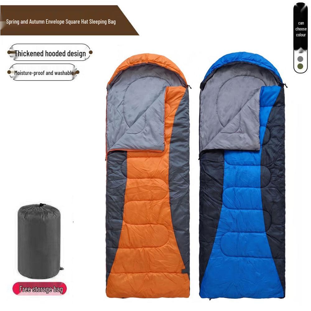 Dual-Season Color-Block Sleeping Bag with Hood, Two-Way Zipper, and Compression Sack for Outdoor Camping