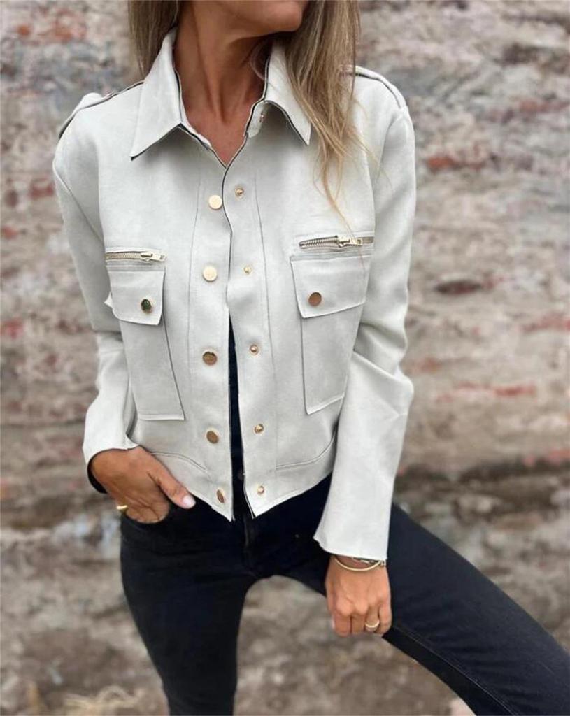 Suede Turn-Down Collar Long Sleeve Jacket with Metal Zipper - 2025 Collection