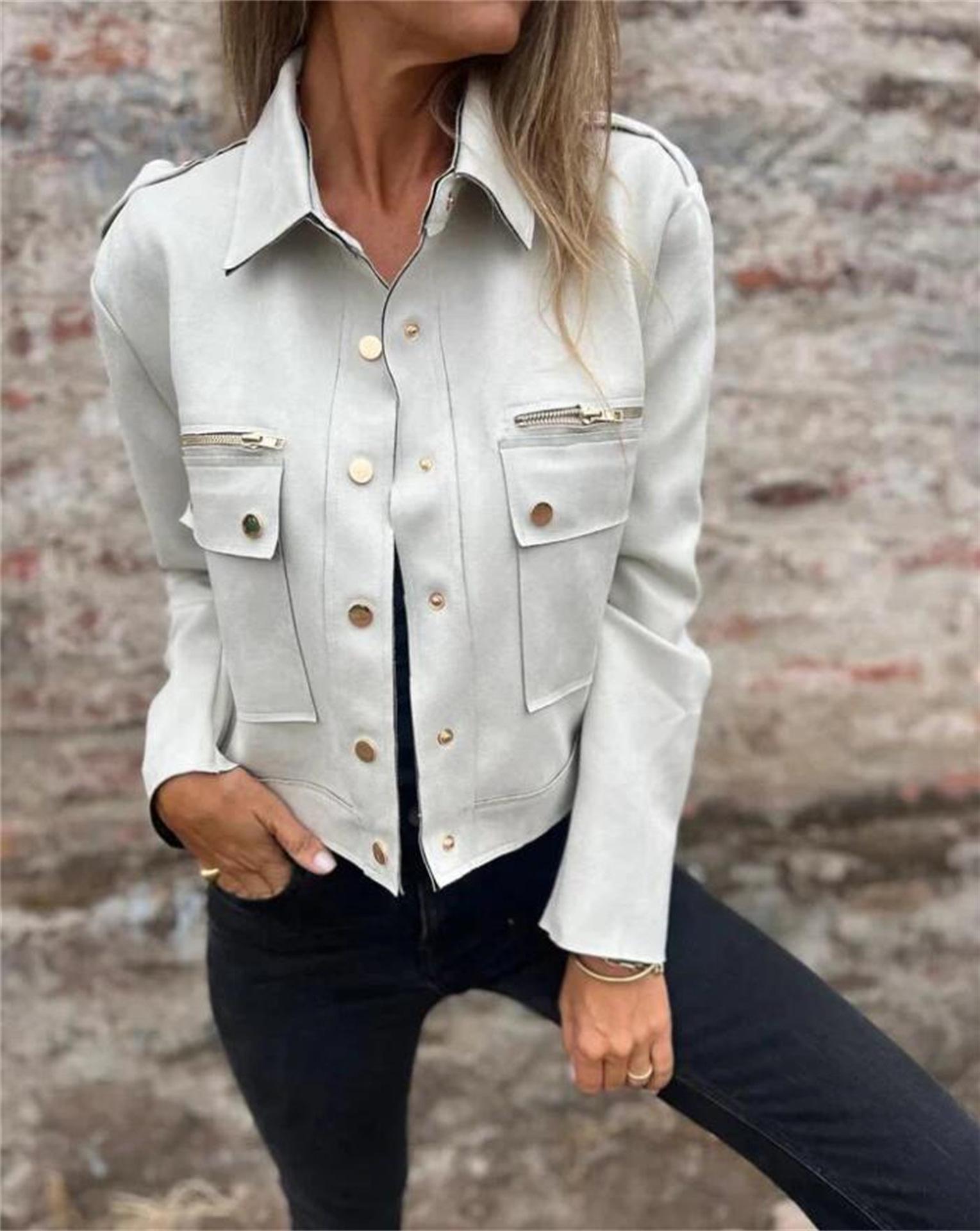 

Куртка из замши с отложным воротником и длинными рукавами на металлической молнии - Коллекция 2025 5XL белый