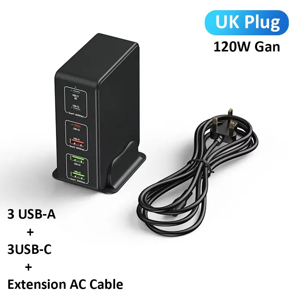QC3.0 PPS PD 65W 6-Port Charge Gan 120W Charger Station 3C+3A For iPhone Samsung Xiaomi Smartphone Laptop Desktop Fast Charging