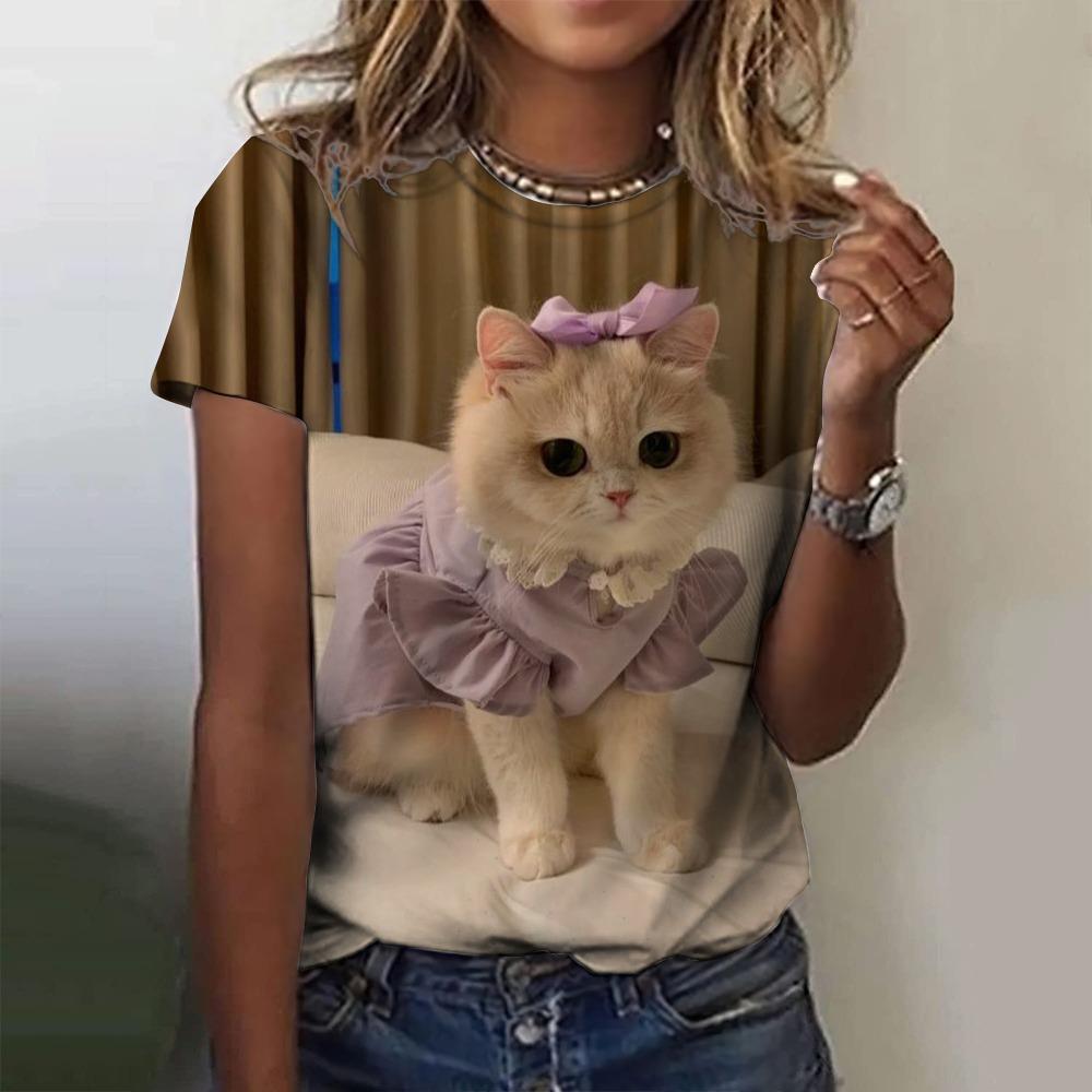 

Популярная женская футболка с 3D-принтом, кошка, летняя мода, короткий рукав, круглый вырез, уличная одежда, повседневный топ в стиле Харадзюку XL