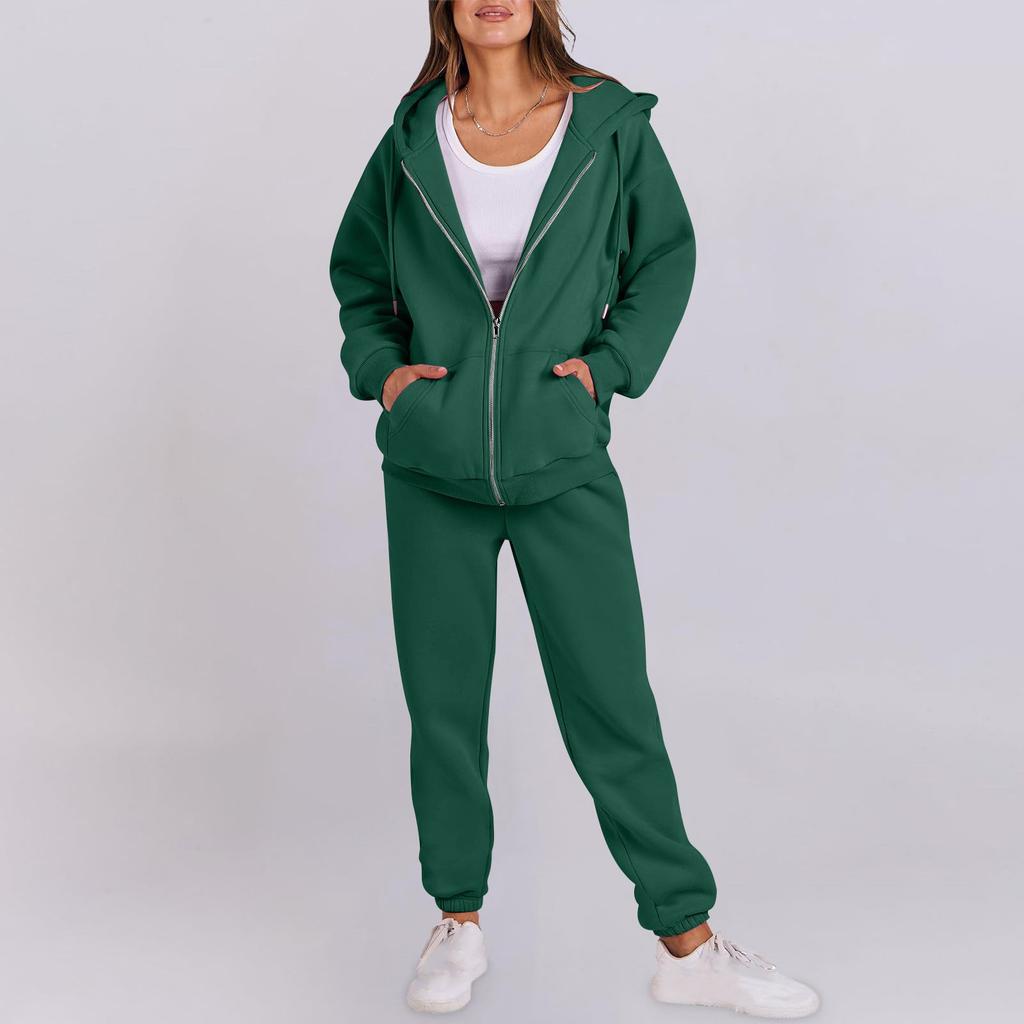 Women's Fashion Hooded Long Sleeve Color Zipper Elastic Waist Loose Sweatshirt Set
