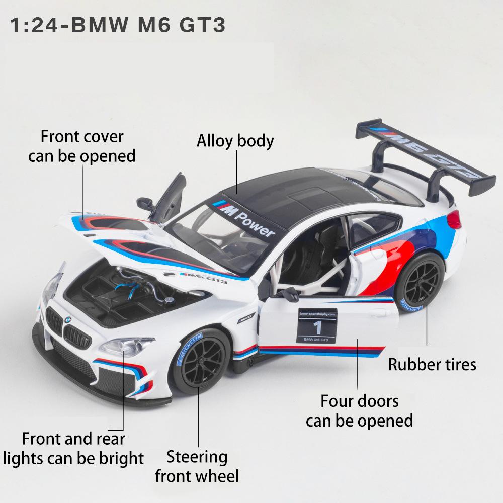 1/24 skala M6 GT3 odlany model samochodu zabawka, wycofać pojazd zabawkowy z dźwiękiem i światłem dla dzieci maluch chłopcy dziewczęta kolekcja prezentów