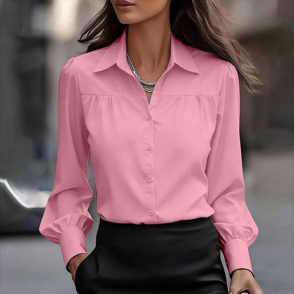 Women's Fashionable Color Lapel Casual Button Long Sleeved Shirt Top