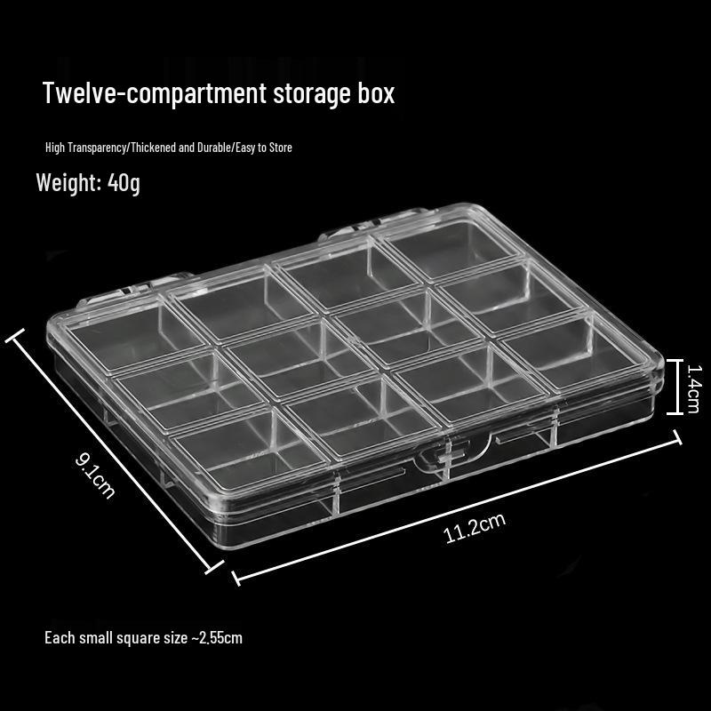 12-Compartment Transparent Storage Box for Nail Art Accessories, Beads, and Electronics