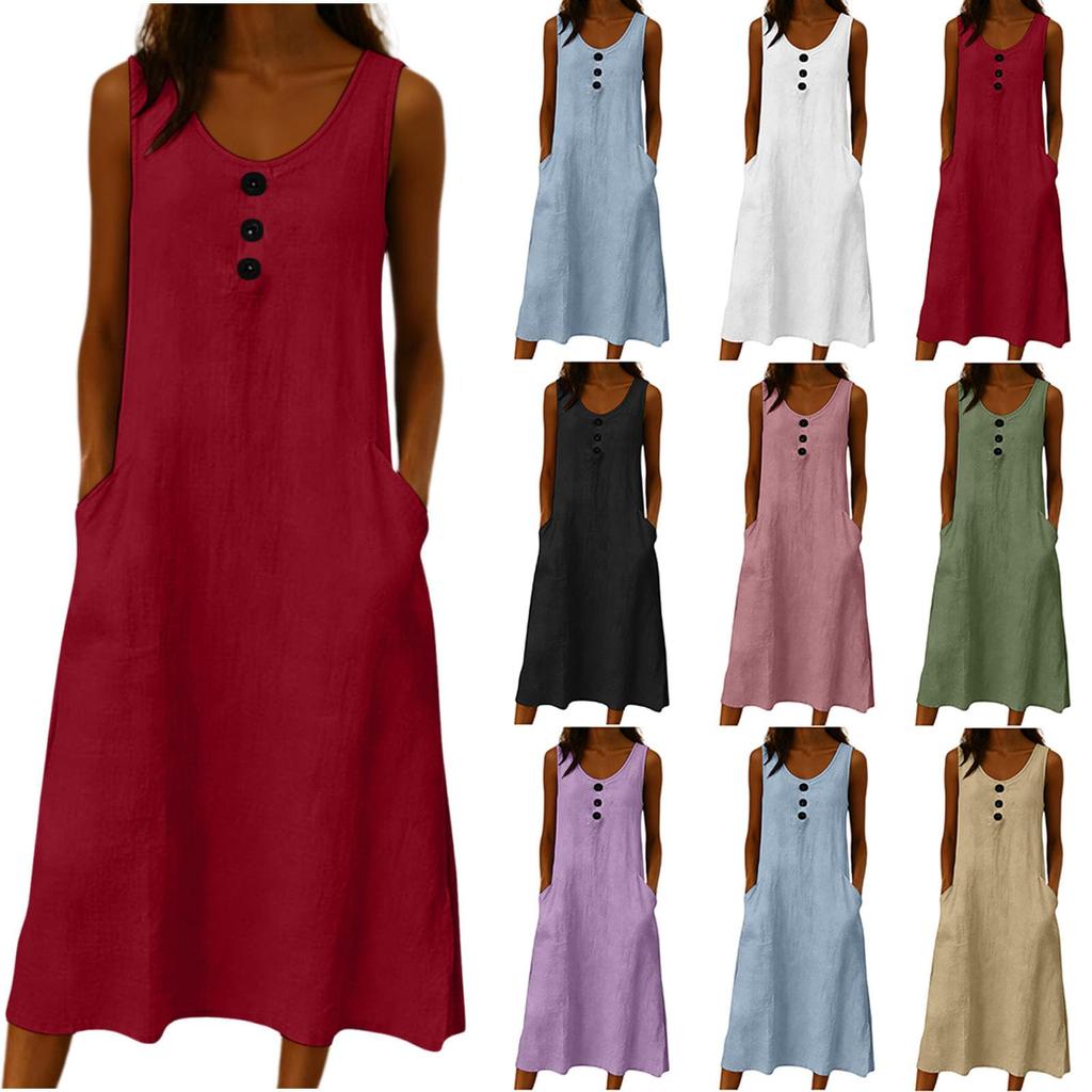 Sleeveless Casual Washed Wrinkle Dress for Women with Button Front and Pockets Loose Fit Midi Length Summer Dress