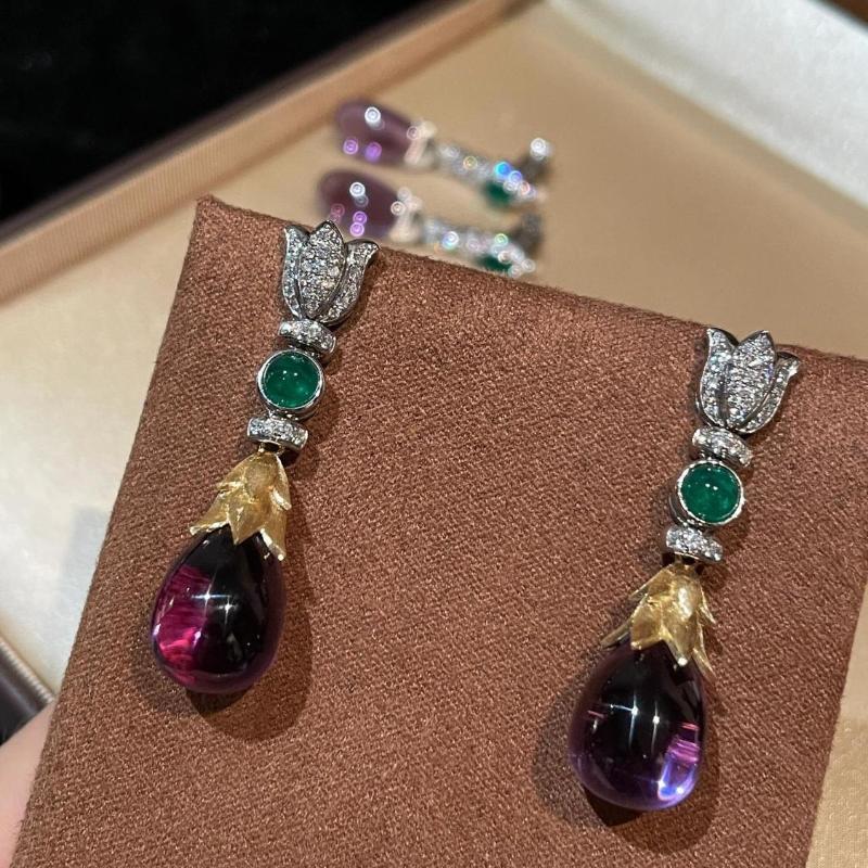 Vintage Amethyst Emerad Earrings Teardrop Imitation Gems Ear Drop Dangles Stud For Women High Jewelry Gift