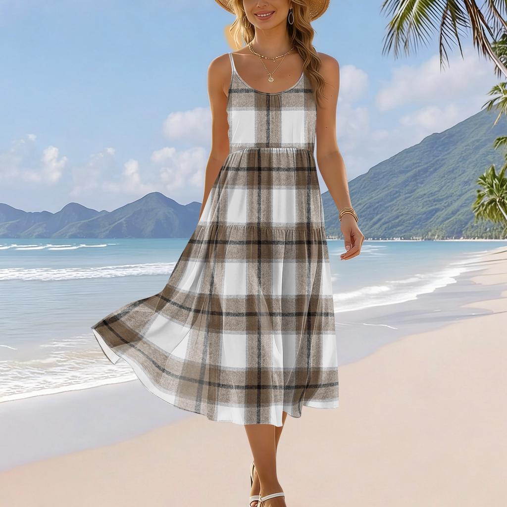 Women's Summer Fashion Printed Pocket Adjustable Shoulder Strap Bohemian Leisure Beach Resort Strap Dress