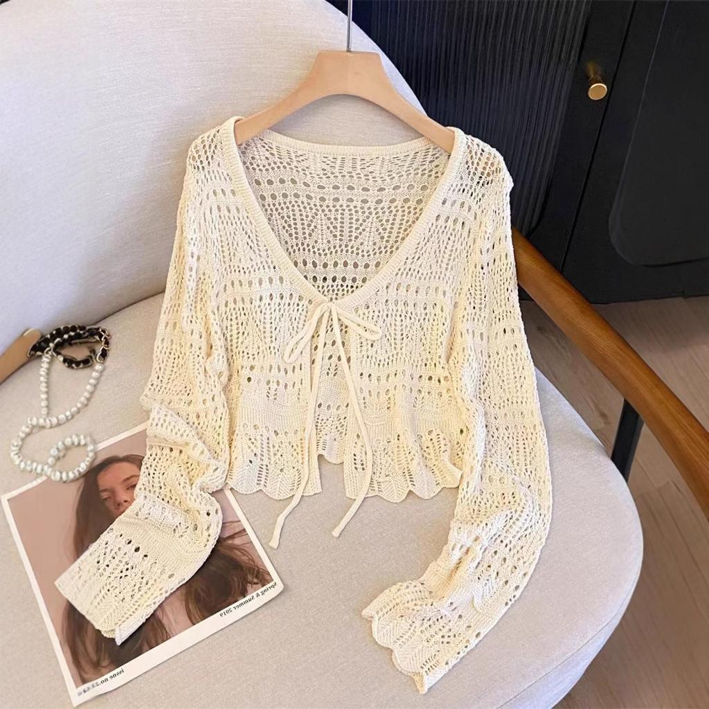 Fresh and Thin Lace-up Short Blouse Top Women's French Design Hollow Crochet Knitted Sweater