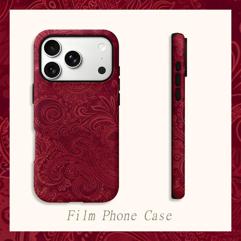 Luxurious Red Paisley Intricate Swirl Pattern Art Graphic Film Aesthetic Protective Shockproof Bumper Phone Case Cover For iPhone 14 15 16 ProMax Plus