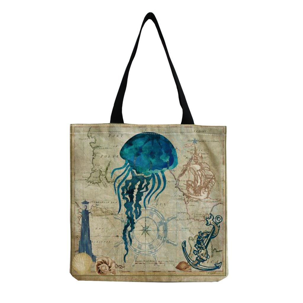 Damen Vintage Leinen-Tragetasche - Große Kapazität mit Aufdruck Schulter-Handtasche für Freizeit & Lebensmitteleinkauf KTB