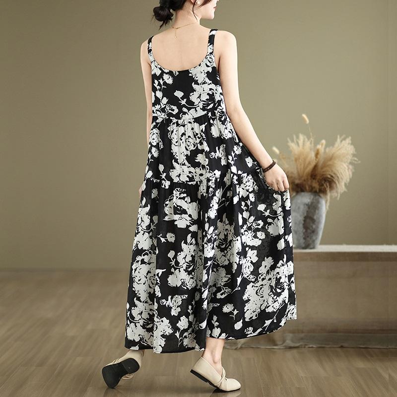 Bez rukávů na ramínka Nadměrná velikost bavlna vintage květinový novinka šaty pro ženy ležérní volné dlouhé letní šaty