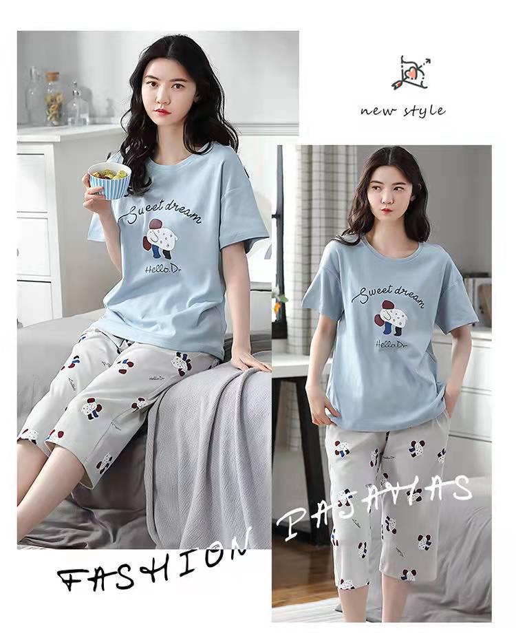 Korean Style Women's Summer Pajama Set – Imitation Cotton, Short Sleeve, Capri Pants, Thin, Cute, Plus Size