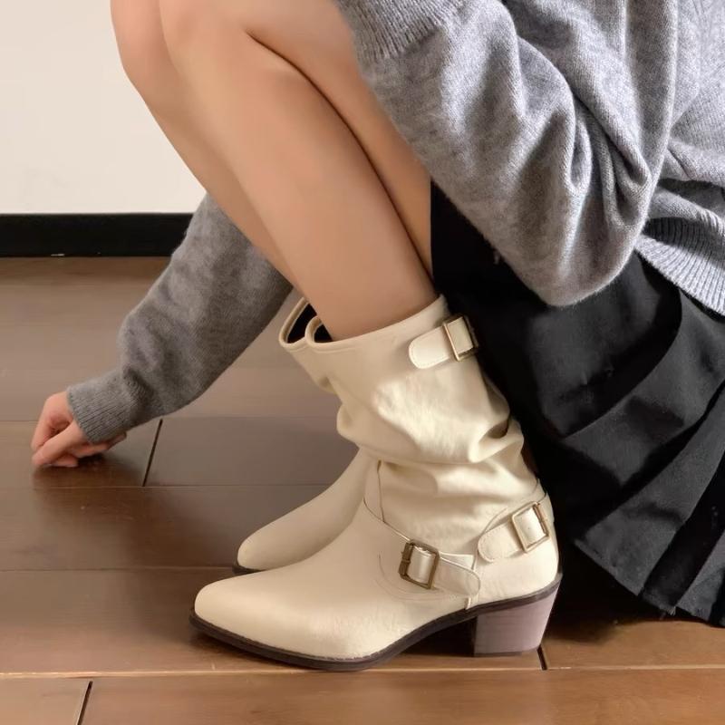 Fashion Autumn Winter Vintage Thick Heel Women Western Cowboy Boots Slip On Belt Buckle Shoes Ladies Mid Calf Botas Zapatos De Mujer