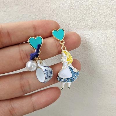 Carton Fairy Tale Princess Alice Asymmetry Earrings Imitation Pearl Blue Heart Dangle Earrings Cute Girls Enamel Earrings
