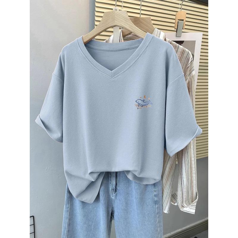 Summer Women's V Neck Whale Embroidered Loose Short Sleeve T Shirt