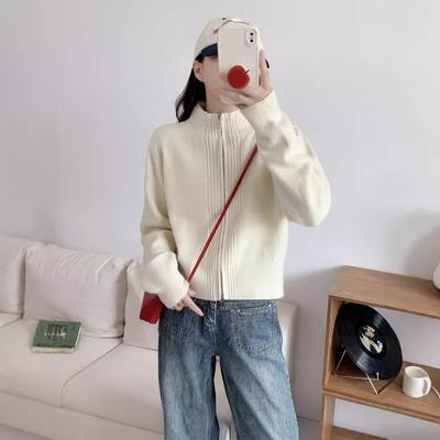 Stand-up Collar Zipper Knitted Cardigan Women's Autumn and Winter Design Sense Round Neck Loose Versatile Short Casual Sweater Jacket