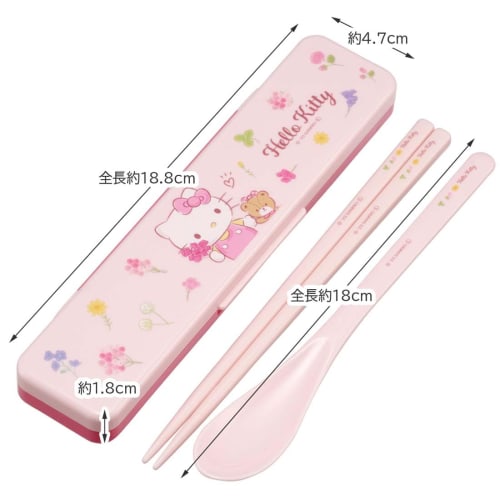 Skater Chopsticks and Spoon Set, Bento Box, Adult, Antibacterial, Combo Set, 18cm, Quiet, Made in Japan, Sanrio Hello Kitty Flower Wreath, CCS3SAAG-A