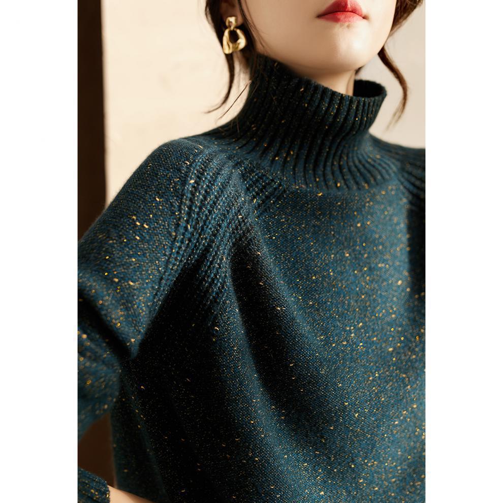 Korean Style Gold Thread Knit Loose High Neck Women's Sweater