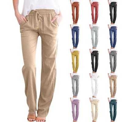 Women Casual Cotton And Linen Solid Drawstring Elastic Waist Long Straight Pants