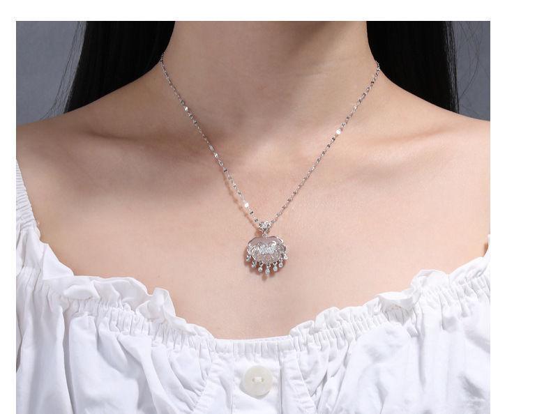 White Agate Ruyi Ping'an Lock Necklace, Chinese Style Clavicle Chain with Long Life Lock Pendant for Women