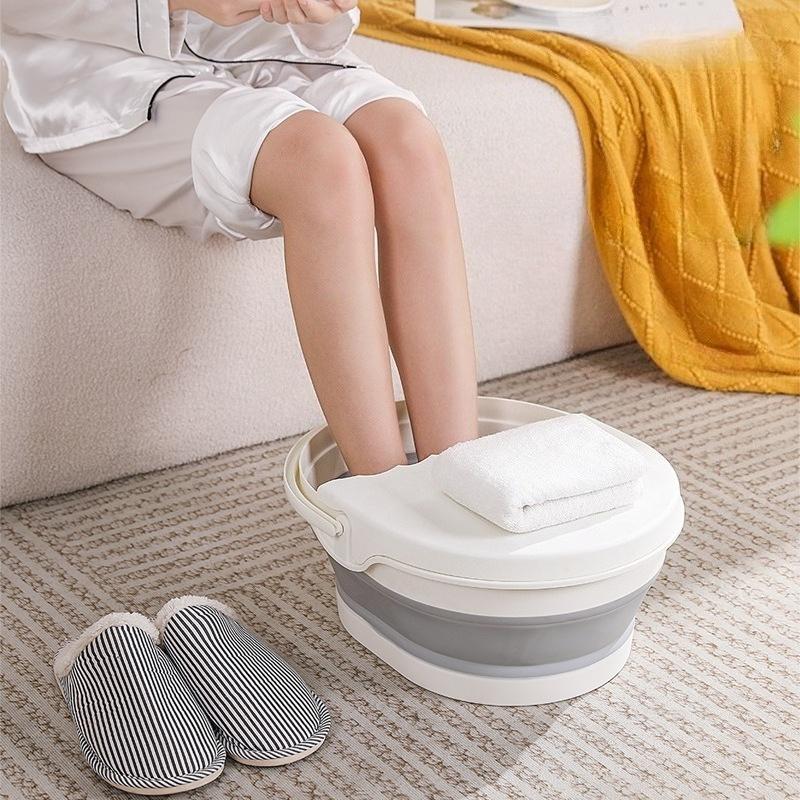 Thickened Portable Foldable Foot Bath Tub with Lid Space Saving Silicone Massage Basin for Home Use