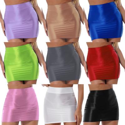 Glänzender, einfarbiger Damen-Bleistiftrock, lässig, hohe Taille, Rave-Party, Clubwear, Minirock mit elastischem Bund für Bühnenauftritte
